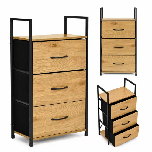 Komód, ModernHome GIC-C101-19, 40,5 x 81 x 24 cm, 3 fiókos, fém váz, textil tárolók, teherbírás: 2 kg/fiók, 5 kg/felső polc