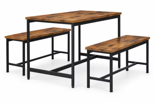 Étkezőasztal 2 paddal, ModernHome CZCY1106075T-7-16, 110 x 60 cm, téglalap alakú, magasság: 75 cm, MDF asztallap, fém váz, 2 db pad: 98 x 30 x 47 cm, fém váz