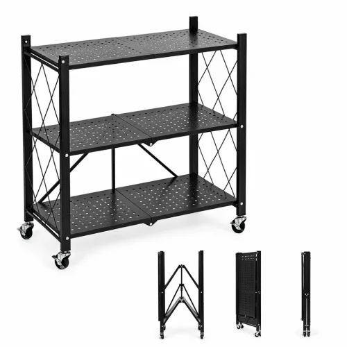 Tárolópolc, ModernHome LTR3-1, fekete, 3 szintes, 90 x 71 x 34 cm, fém váz, fém polc, 25 kg/polc teherbírás, összecsukható, kerekes