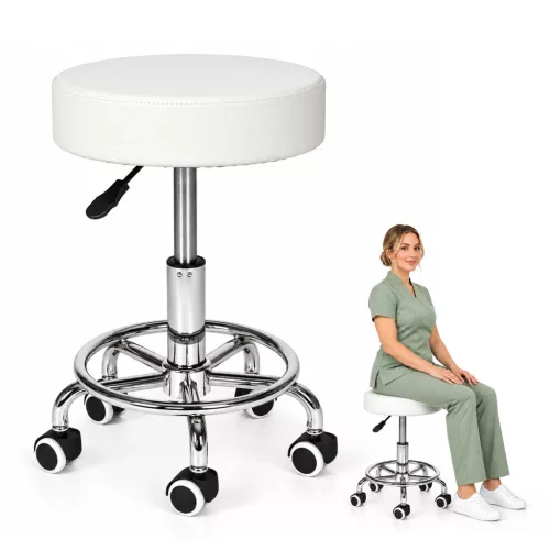 Kozmetikai szék, ModernHome BC007-5-WH, fehér, 51-66 cm állítható magasság, párnázott, forgó, görgős, gázliftes, teherbírás: 115 kg