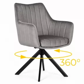   Étkezőszék, ModernHome TIKJ-3, szürke, 82,5 x 59 x 57 cm, bársony kárpit, 360°-ban forgatható, acél lábak, karfás, teherbírás: 120 kg