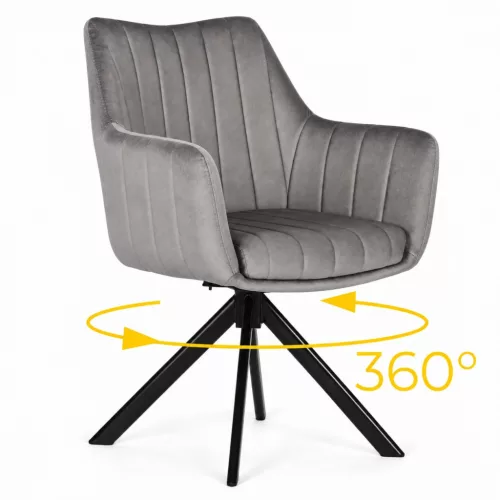 Étkezőszék, ModernHome TIKJ-3, szürke, 82,5 x 59 x 57 cm, bársony kárpit, 360°-ban forgatható, acél lábak, karfás, teherbírás: 120 kg