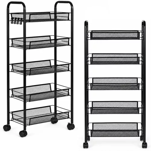 Konyhai tároló, ModernHome VP5-1, 103 x 45 x 26 cm, fekete, 5 szintes, acél váz, gurulós, teherbírás: 15 kg
