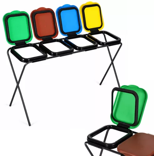 Szemeteszsáktartó állvány, MultiGarden LT4-21, négyzsákos, zsákkapacitás: maximum 120 l, fém keret, 129 x 43 x 75 cm, sárga + zöld + kék + barna fedél