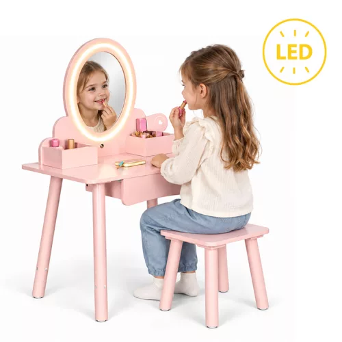 Gyerek fésülködőasztal, ECOTOYS TL106008, rózsaszín, 59 x 38,5 x 91 cm, fa és MDF, LED-es tükörrel, fiókkal, 6 db kiegészítővel, 3 éves kortól