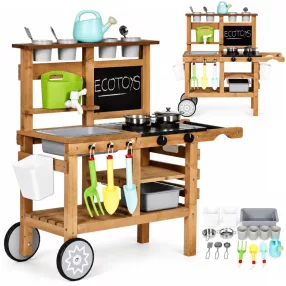   Kültéri játékkonyha, ECOTOYS TL055015, fa, 80 x 39 x 81 cm, működő csappal, krétatáblával, 16 db tartozékkal, 3 éves kortól
