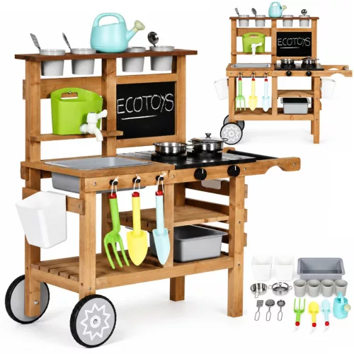 Kültéri játékkonyha, ECOTOYS TL055015, fa, 80 x 39 x 81 cm, működő csappal, krétatáblával, 16 db tartozékkal, 3 éves kortól