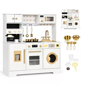   Játékkonyha, ECOTOYS TL106009, fehér, 87,5 x 32,5 x 93 cm, fa, fényhatásokkal, hanghatásokkal, 11 db tartozékkal, sütővel, mosógéppel, kávégéppel, mosogatóval, 3 éves kortól