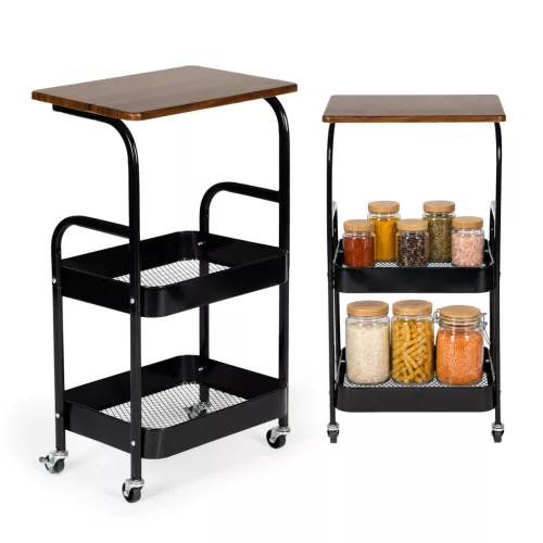 Konyhai tároló, ModernHome VP3-1, 42 x 29 x 75,5 cm, 3 szintes, acél váz, MDF munkalap, gurulós, 4 görgővel (2 fékezhető), teherbírás: 15 kg