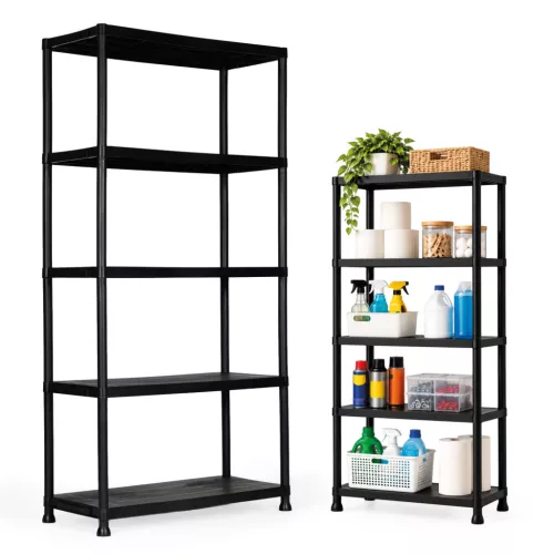 Műhelypolc, ModernHome LTSH5-1, fekete, 90 x 40 x 180 cm, 5 szintes, műanyag, szerszám nélkül összeszerelhető, 38,5 cm polctávolság, polconként 35 kg teherbírás, emelt lábakkal