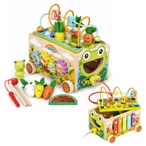   Oktatójáték, ECOTOYS HM328140, 8 az 1-ben, békás, 22 x 16 x 19 cm, fa, motorikus labirintus, formaválogató, forgó fogaskerekek, óra, cimbalom, mágneses bogárhorgászat, 3 éves kortól