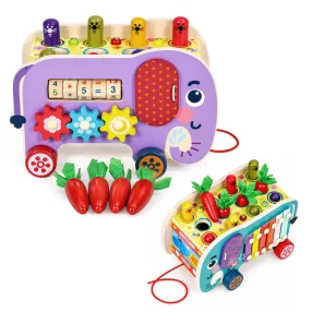   Oktatójáték, ECOTOYS HM328141, 8 az 1-ben, elefántos, 23 x 14 x 15 cm, fa, formabedobó, xilofon, óra, bogárhorgászat, számolókockák