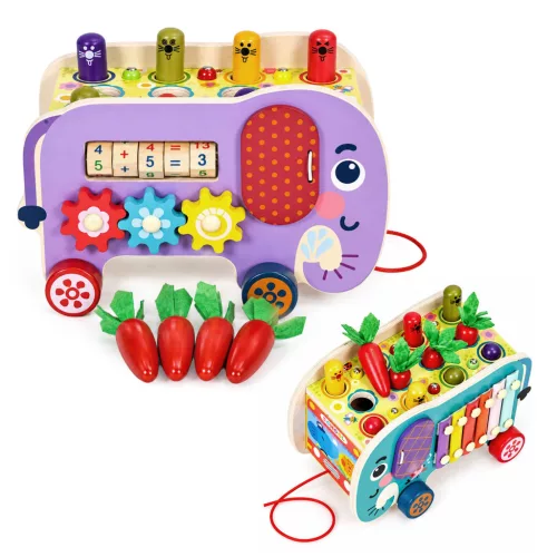 Oktatójáték, ECOTOYS HM328141, 8 az 1-ben, elefántos, 23 x 14 x 15 cm, fa, formabedobó, xilofon, óra, bogárhorgászat, számolókockák