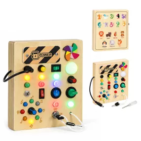   Oktatójáték, ECOTOYS MLD-8878, fa, 18 x 16 x 3 cm, LED fényeffektekkel, kapcsolókkal, gombokkal, forgatható tekerőkkel, kulcsos indítóval, ventilátorral, hátoldalán számokkal, 3 éves kortól