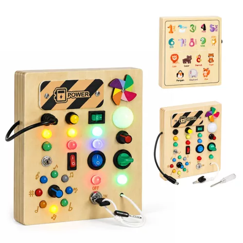 Oktatójáték, ECOTOYS MLD-8878, fa, 18 x 16 x 3 cm, LED fényeffektekkel, kapcsolókkal, gombokkal, forgatható tekerőkkel, kulcsos indítóval, ventilátorral, hátoldalán számokkal, 3 éves kortól