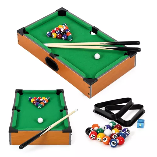 Biliárdasztal, ECOTOYS HM328239, 51 x 30,5 x 8 cm, 6 zsebes, oldalsó golyókiszedő nyílásokkal, 2 dákóval, teljes színes golyókészlettel, 2 háromszöggel és dákókrétával, 5 éves kortól