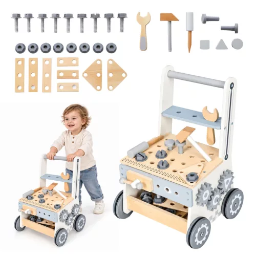 Gyerek munkapad, ECOTOYS HM259825, fa, 27 x 27 x 47 cm, 34 elemes, járássegítő tolókocsi funkcióval, satus munkalappal, formaválogatóval, fogaskerekekkel, tárolórekesszel, kalapács, csavarhúzó, villáskulcs, csavarok és anyák, gumizott kerekekkel