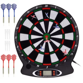   Elektronikus dartstábla, AP-100ANP, 38,5 x 43,5 x 2 cm, LCD kijelzős, 18 játékmóddal és 159 variációval, 8 játékosig, 6 db biztonságos darts nyíllal és 6 pótheggyel, 34 cm célfelület, hangeffektekkel, PP műanyag, rögzítő tartozékokkal