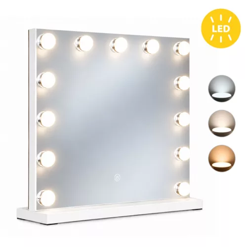 Sminktükör, ModernHome ZMM1-5, 50 x 40 cm, 13 LED izzóval, 3 fényszín (3000K, 4000K, 6000K), érintőpaneles kapcsoló, USB-C tápellátás, állványos