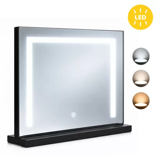 Sminktükör, ModernHome ZMM5-1, fekete, 50 x 40 cm, LED világítás, 3 fényszín (3000K, 4000K, 6000K), érintőpaneles kapcsoló, USB-C tápellátás, állványos