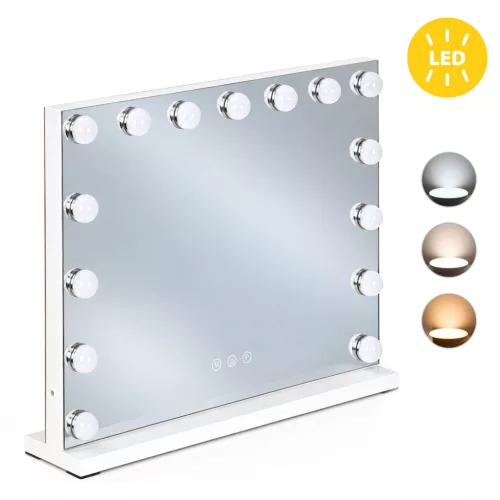 Sminktükör, ModernHome ZMM2-5, 57,5 x 46 cm, 15 LED izzóval, 3 fényszín (3000K, 4000K, 6000K), érintőpaneles kapcsoló, fényerőszabályzás, hálózati tápellátás, állványos vagy falra akasztható