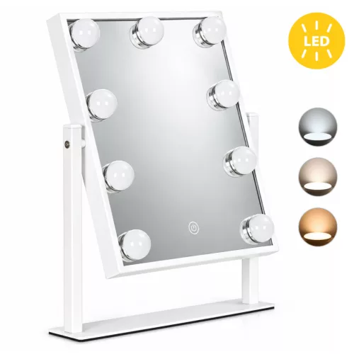 Sminktükör, ModernHome ZMM3-5, 25 x 30 cm, 9 LED izzóval, 3 fényszín (3000K, 4000K, 6000K), érintőpaneles kapcsoló, USB-C tápellátás, állványos