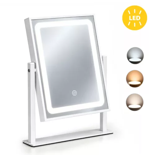 Sminktükör, ModernHome ZMM9-5, 25 x 30 cm, LED világítással, 3 fényszín (3000K, 4000K, 6000K), érintőpaneles kapcsoló, USB-C tápellátás, állványos