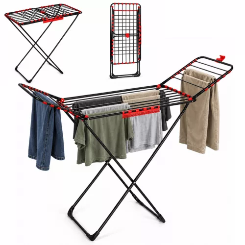 Ruhaszárító, ModernHome BJ-ATT18-7, fekete, 176 x 40 x 112 cm, 18 m szárítófelület, max. 13 kg terhelhetőség, porszórt acél, összecsukható, két lehajtható szárnnyal, akasztókkal, csúszásgátló lábvégekkel