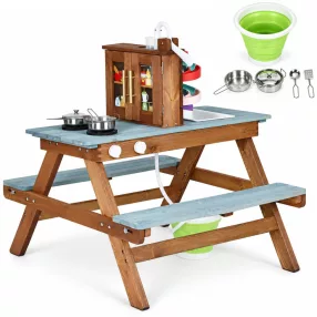   Játék sárkonyha, ECOTOYS TL816002, 72 x 80 x 88,5 cm, fenyőfa, 2 az 1-ben piknikasztal állítható padokkal, vízpumpás rendszer színes vízpályával, kivehető dugós mosogató, hangot adó forgatógombos főzőlap, szekrény és konyhai kiegészítők