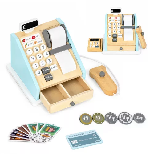 Játék pénztárgép, ECOTOYS TL733038, 18 x 18 x 13,5 cm, fa, fizetési terminállal és kártyaolvasóval, vonalkódolvasóval, nyitható pénzfiókkal, játékpénzzel és bankkártyával, papírtekercs-tartóval, 3 éves kortól