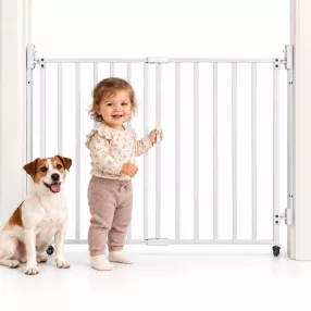   Biztonsági ajtórács, ECOTOYS SF-017-5, fehér, állítható szélesség 65 - 106 cm, acél és ABS műanyag, 6 cm-es rácstávolság, csavaros falra rögzítés, kétoldali zárral, kétirányú nyitás, automatikus záródás, görgőkkel, lépcsőhöz és ajtóhoz