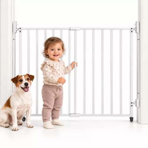 Biztonsági ajtórács, ECOTOYS SF-017-5, fehér, állítható szélesség 65 - 106 cm, acél és ABS műanyag, 6 cm-es rácstávolság, csavaros falra rögzítés, kétoldali zárral, kétirányú nyitás, automatikus záródás, görgőkkel, lépcsőhöz és ajtóhoz