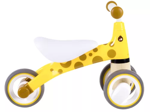 Háromkerekű futóbicikli, ECOTOYS LB1603 zsiráf, sárga, EVA habkerekek 14 cm, műanyag váz, ülésmagasság: 25 cm, kormányfordulás határoló, 12 hónapos kortól