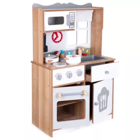   Játékkonyha, ECOTOYS 7253, fa, 60 x 30 x 92 cm, sütővel és mikrohullámú sütővel, 16 db tartozékkal, forgógombokkal