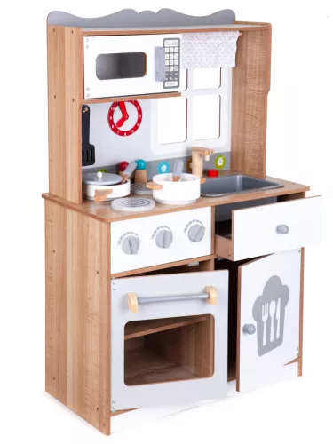 Játékkonyha, ECOTOYS 7253, fa, 60 x 30 x 92 cm, sütővel és mikrohullámú sütővel, 16 db tartozékkal, forgógombokkal