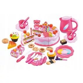   Játék vágható torta készlet, Multistore HC324745, Parti szett, 80 db, tépőzáras, szeletelhető, világító gyertyával, elemes, 3 éves kortól