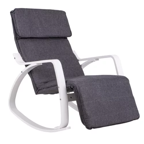Hintaszék, ModernHome TXRC-02, szürke/fehér, 97 x 58 x 65 cm, állítható lábtartó, fejtámasz, levehető huzat, fa és fém váz, 120 kg teherbírás