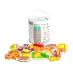   Játék élelmiszerkészlet, ECOTOYS TL87115, gyümölcsök, 23 db, tépőzáras, vágódeszkával és késsel, tároló vödörrel, 3 éves kortól