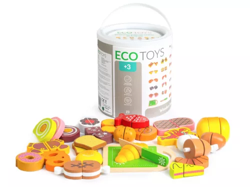 Játék élelmiszerkészlet, ECOTOYS TL87115, gyümölcsök, 23 db, tépőzáras, vágódeszkával és késsel, tároló vödörrel, 3 éves kortól