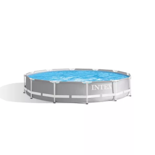 INTEX MetalPrism Set kör alakú medence szett 366 x 76 cm, 2m³ papírszűrős vízforgató rendszerrel, Hydro Aeration befúvóval, 6503 literes, szürke (26712)