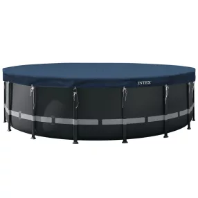   Kerek medencetakaró, Intex Deluxe négyévszakos, csővázas medencéhez, 732 cm átmérő, sötétkék, UV-álló háromrétegű anyag, 20 cm-es túlnyúlással, köteles rögzítéssel (28091)