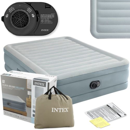 Felfújható vendégágy, Intex Queen Prémium Comfort, 203 x 152 x 46 cm, szarufa mintás, kétszemélyes, megerősített szálas belső szerkezet, beépített elektromos pumpával, fejtámlával, 272 kg teherbírással (64824)