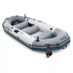   Felfújható tengeri gumicsónak szett, Intex Mariner 4, 328 x 145 x 48 cm, szürke, négyszemélyes, megerősített háromrétegű PVC, merev műanyag padlóval, felfújható ülésekkel, horgászbot-tartókkal, pumpával és evezőkkel (68376)