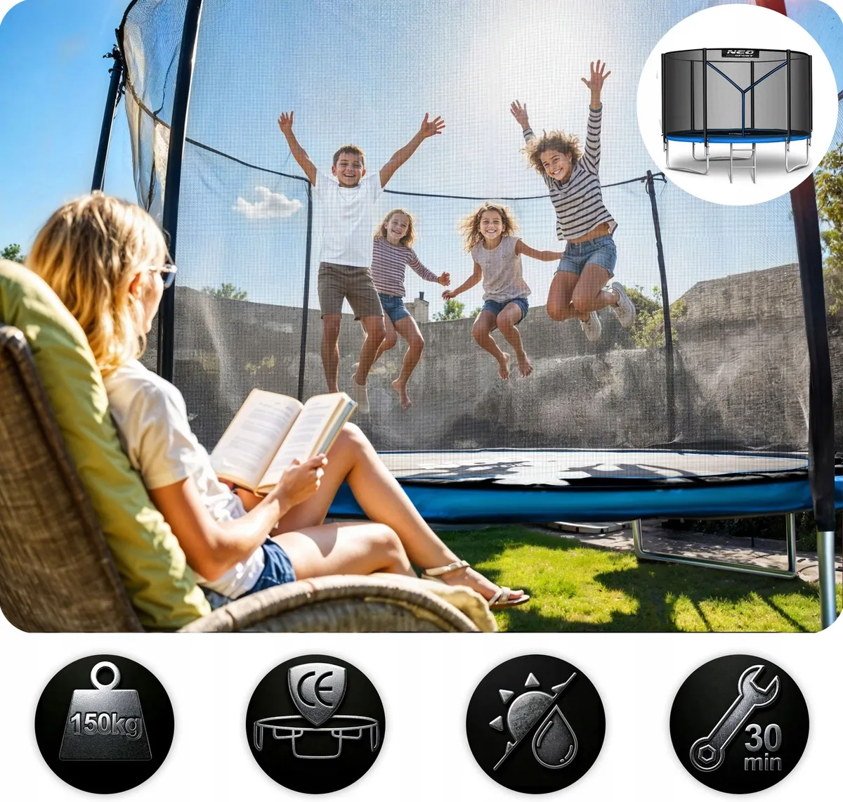 Kerti trambulin, Neo-Sport, fekete/kék – 12. kép Kerti trambulin, Neo-Sport, fekete/kék – 12. kép