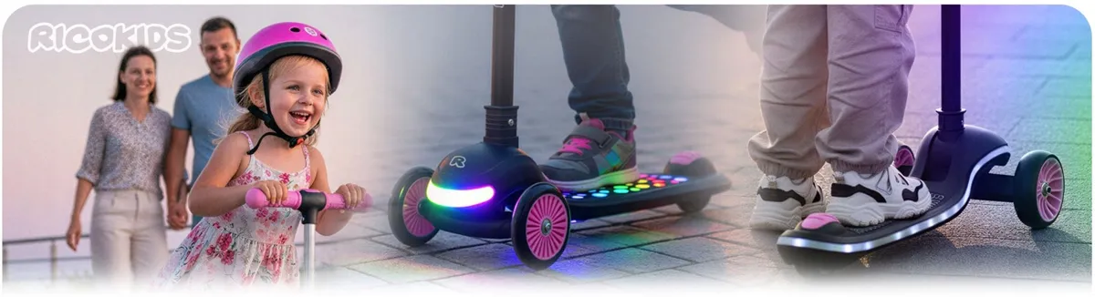 Háromkerekű roller, Ricokids Glowi, fekete/rózsaszín – 1. kép