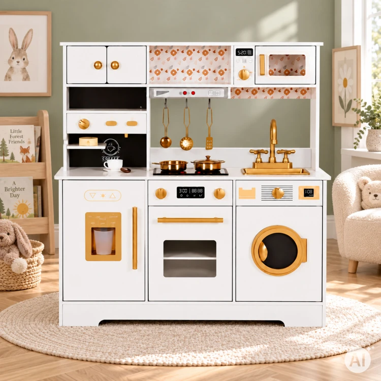 Játékkonyha, ECOTOYS TL106009, fehér – 4. kép Sütő, mikró és mosógép a játékkonyhában