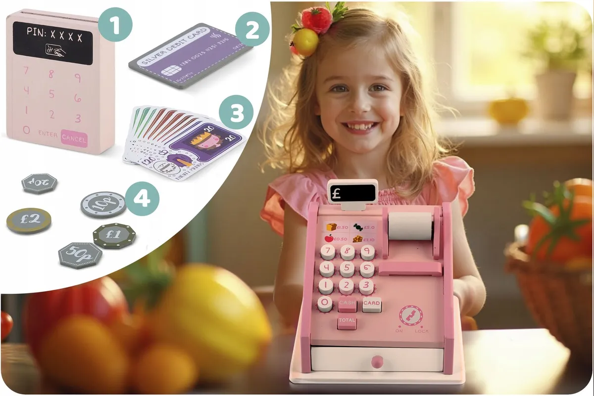 Fajáték pénztárgép, Ricokids RK-868, színes – 4. kép A készlet tartalma: pénztárgép, szkenner, terminál, pénzek