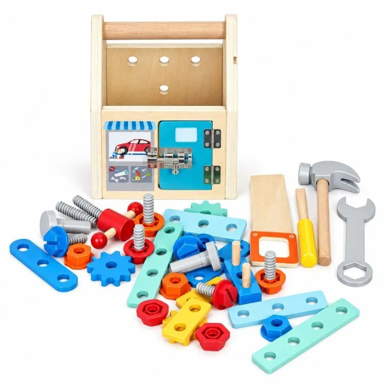 Fa gyerek munkapad, ECOTOYS HM261052, 15 x 16 x 19 cm – 6. kép Nyitható ajtós fa házikó tárolóként