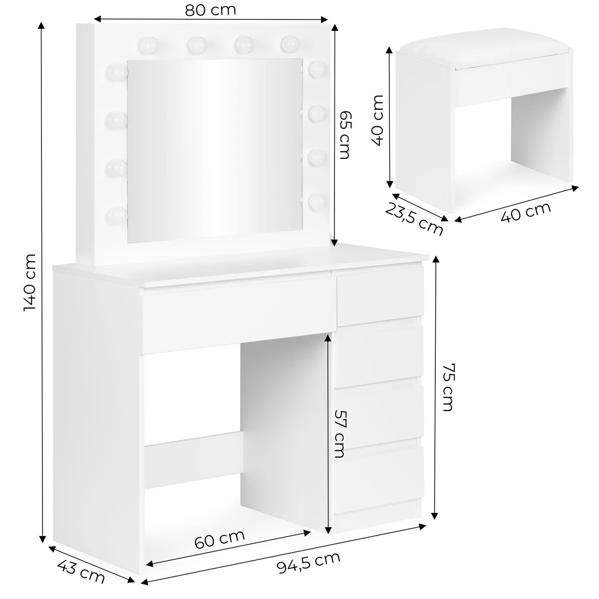 Sminkasztal, ModernHome MRDT10-MW, 94,5 × 43 × 140 cm – 4. kép
