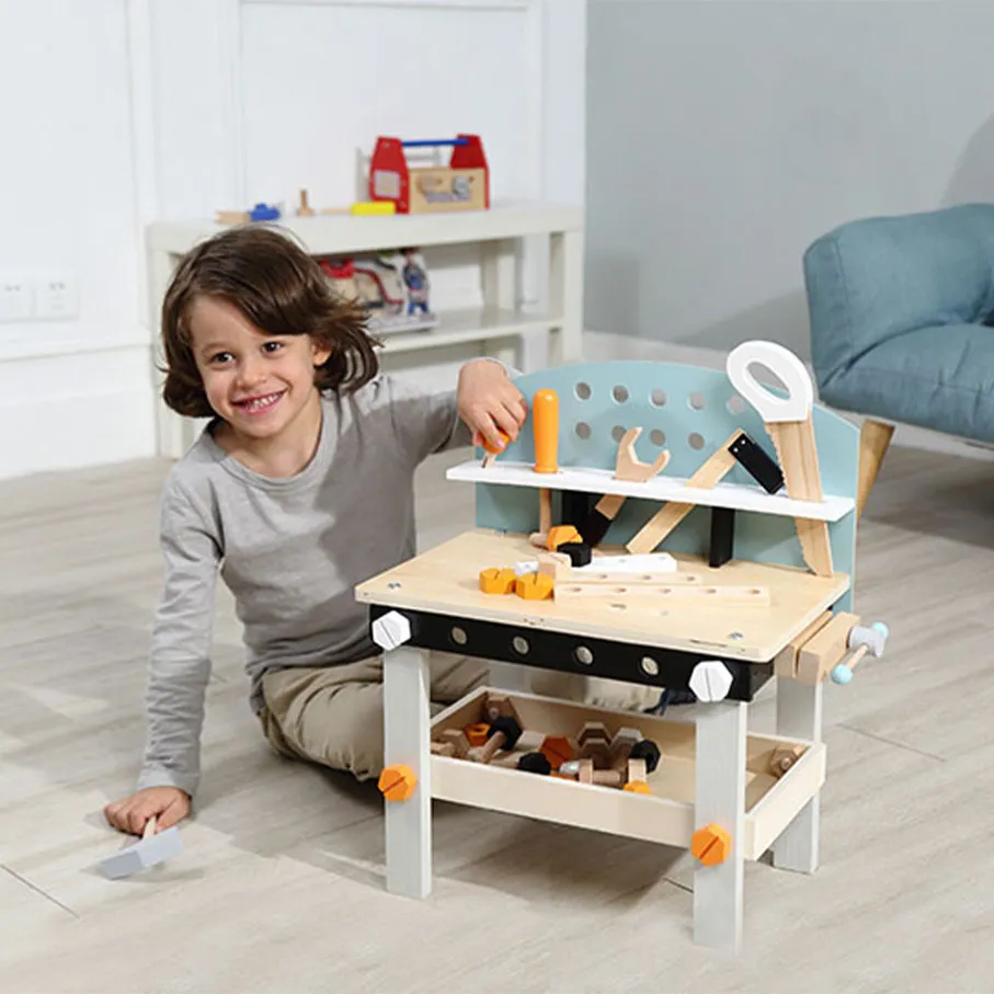 Gyerek munkapad, ECOTOYS 1178, fa – 2. kép Nagy munkalap és polc a barkácsasztalon
